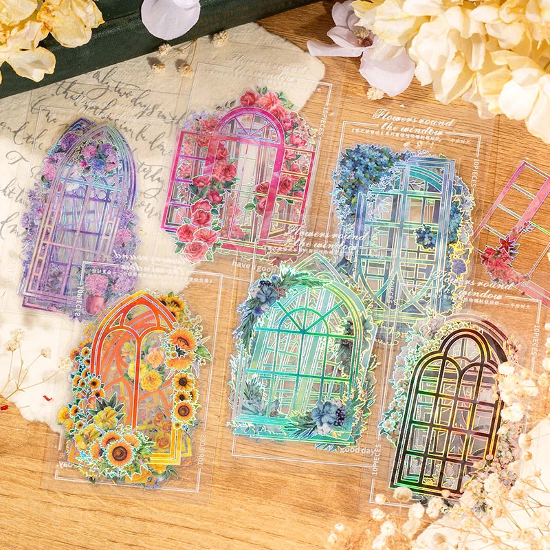 10 pcs Flower Hollow Out window Stickers Laser Romantic Decorative Window and Door DIY Collage Junk Journaling Materials Crafts