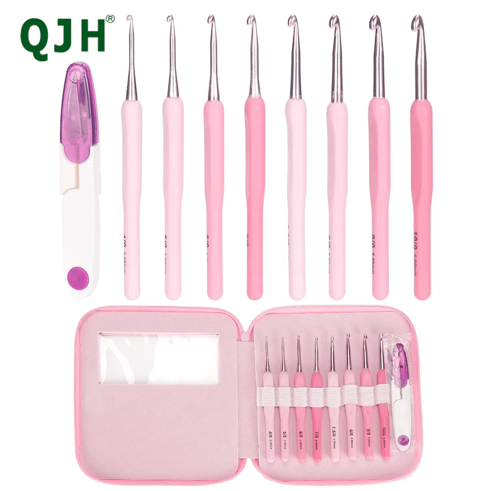 QJH Crochet Set - 10 Pcs, Ergonomic Crochet Hooks with Protectors, Suitable for Arthritic Hands, With Storage Bag and Scissors