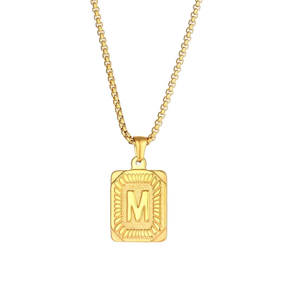 2023 New Stylish Square Pendant Necklace Men's Stainless Steel Gold Plated Letter Necklace Initial Necklace For Women