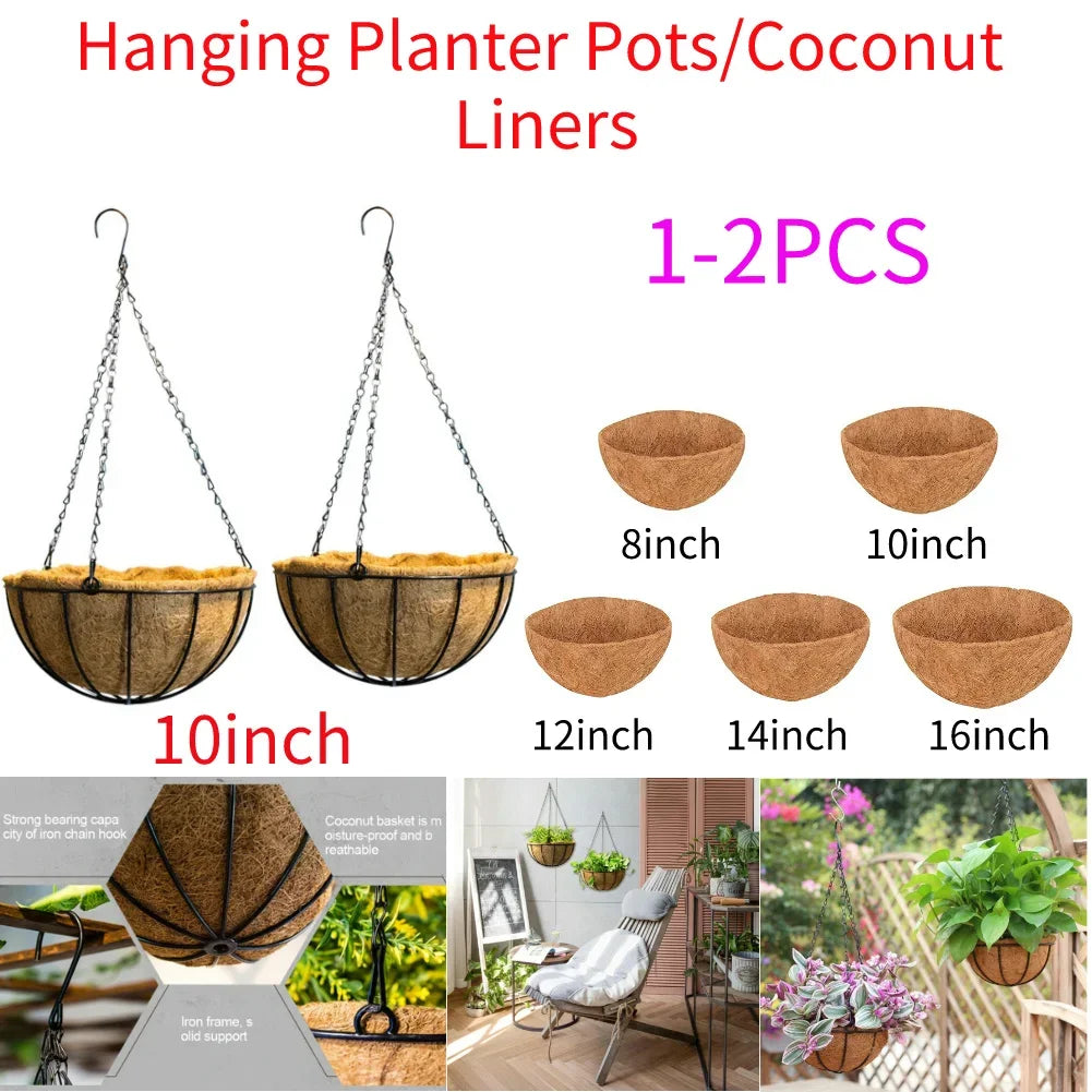 1-2Pcs 10 Inch Round Wire Plant Holder Metal Hanging Basket Coconut Liner Lining Plants Flower Garden Pot For Balcony Decoration