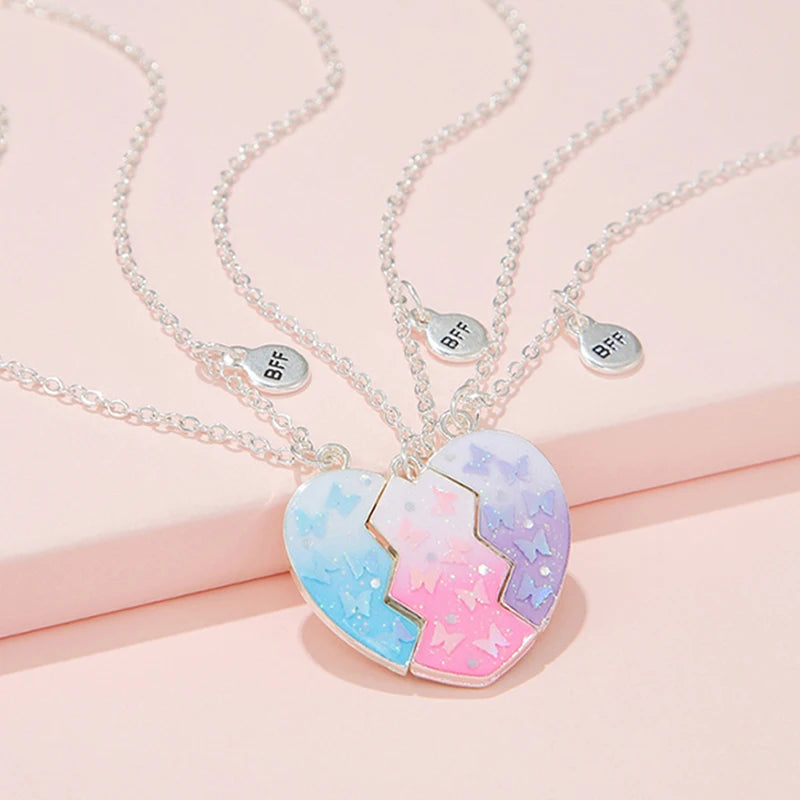 3Pcs/set Colorful Butterfly Glitter Broken Peach Heart Pendant for 3 Girls Friendship BFF Necklaces Best Friend Jewelry Gifts