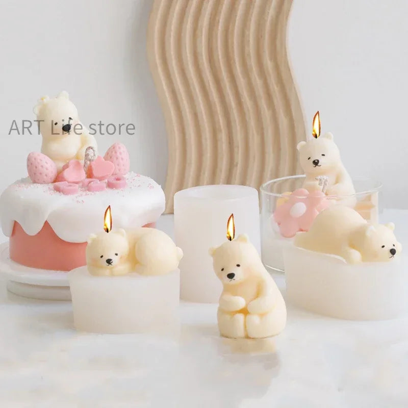 Cute Pet Bear Silicone Candle Mold Three Polar Bear Soap Plaster Resin Make Diy Chocolate Cake Decoration Ice Cube Baking Molds