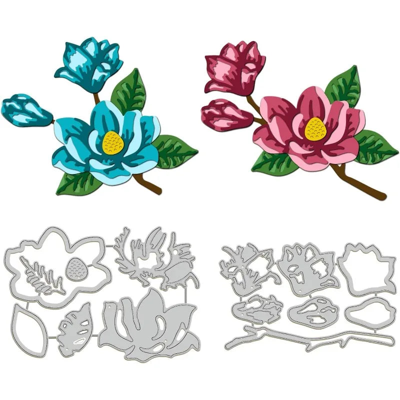 2 Sets Layered Magnolia Cutting Dies for Card Making Layeringd Flower Carbon Steel Embossing Stencils Template for Decorative