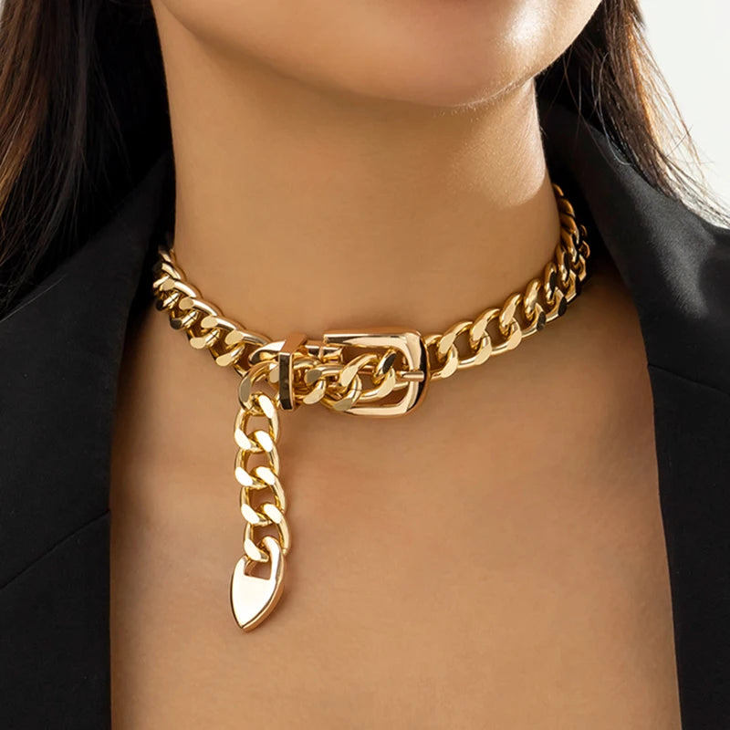 Ingemark Exaggerated Heavy Metal Belt Choker Necklace for Women Punk Thick Chunky Clavicle Chain Grunge Jewelry Steampunk Men