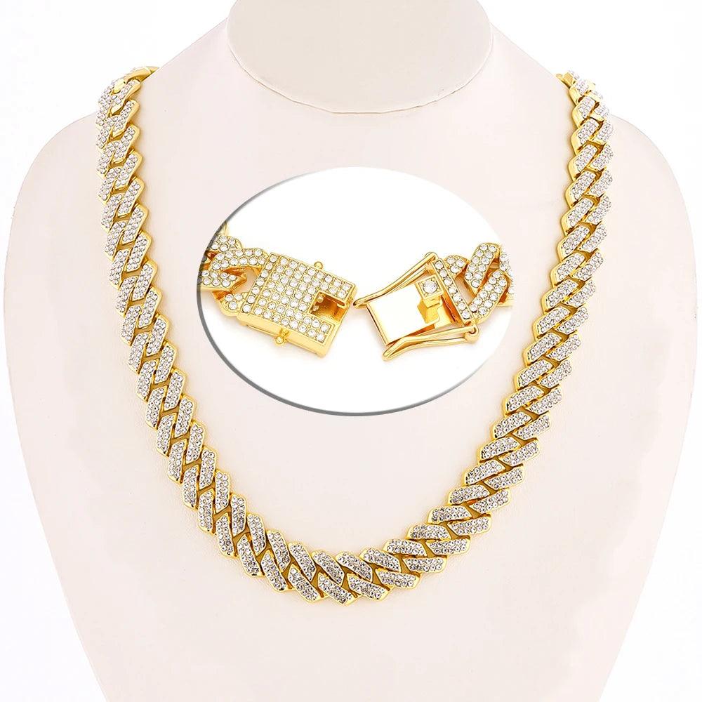 Hip Hop Shiny 14MM Cuban Link Chain Necklace Women Men Silver Color Rhinestone Iced Out Cuban Chain Punk Jewelry Necklace Gift