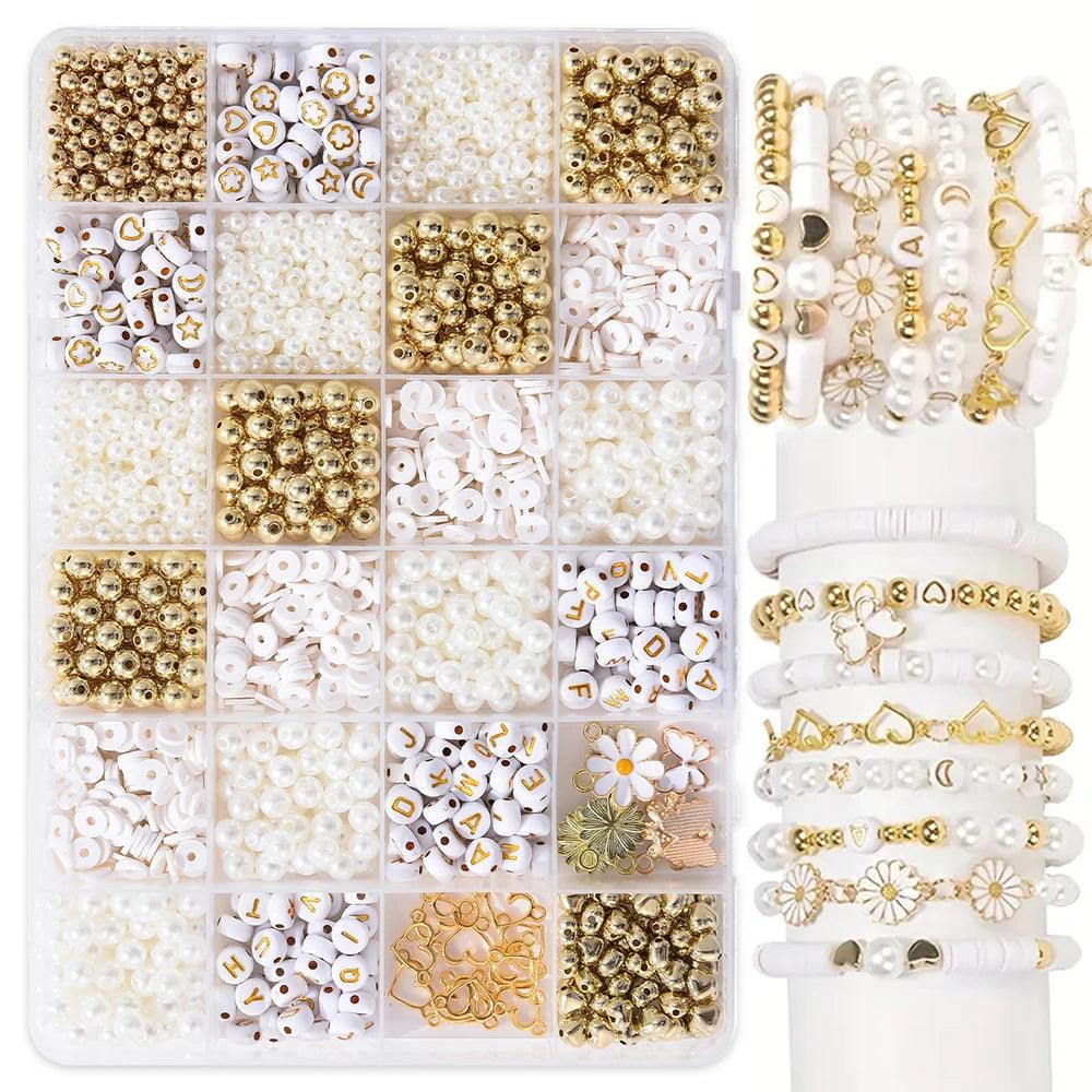 24 Beads Diy Jewelry Making Kit Simple Daisy Pendant White Polymer Clay Beads Gold Pearls Letter Beads Used Making Bracelet