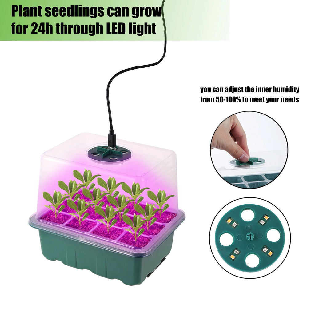 6/12 Cell Higher Cover Nursery Tray Box with Growing light Seedling Germination Planting Pot Full Spectrum LED Growth Promotion