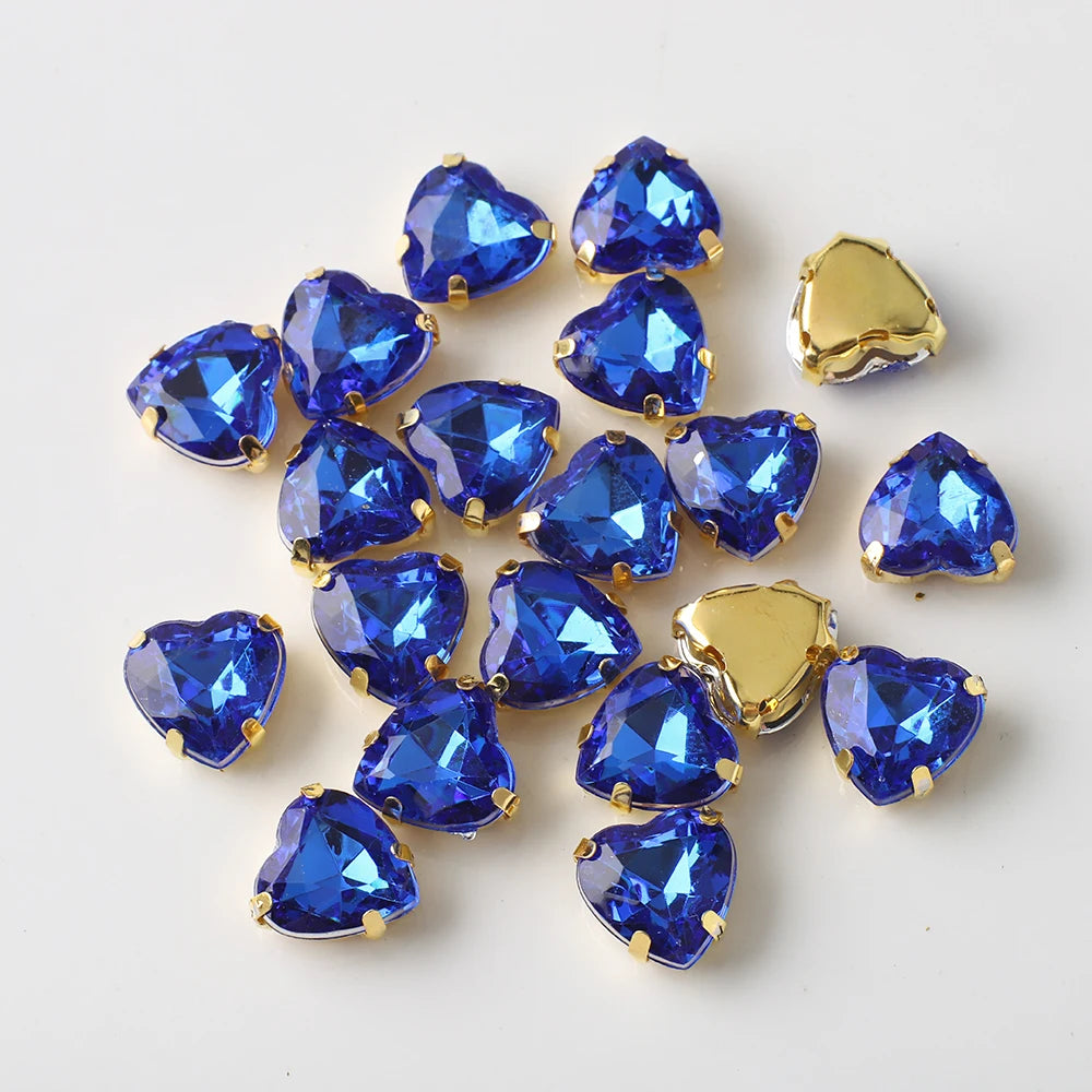 20Pcs 10mm Love Heart Glass Sew On Rhinestones With Flatback Gold Claw Crystal for Clothing Accessories Shoes DIY Nail Decor