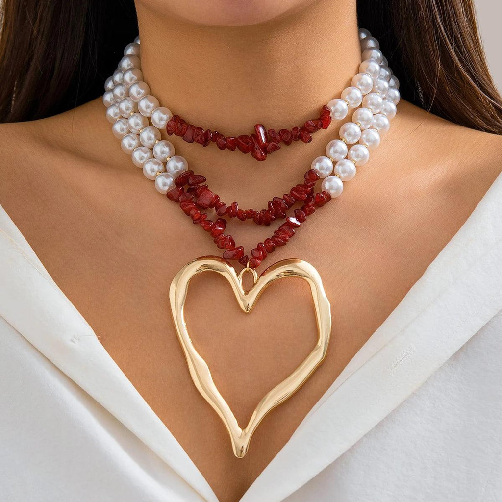 Ingemark Elegant Big Love Heart Pendant Choker Necklace for Women Multilayer Imitation Pearl Chain Grunge Jewelry Steampunk Gift