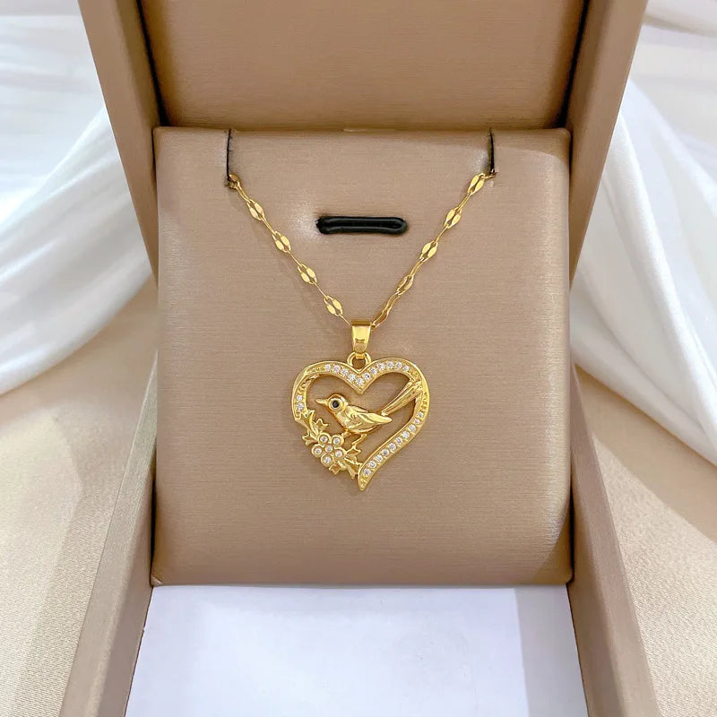 ZAKOL Trendy Heart Butterfly Pendant Necklaces For Women Girls Gold Color Crystal Jewelry Clavicle Chain Choker Jewelry Gifts