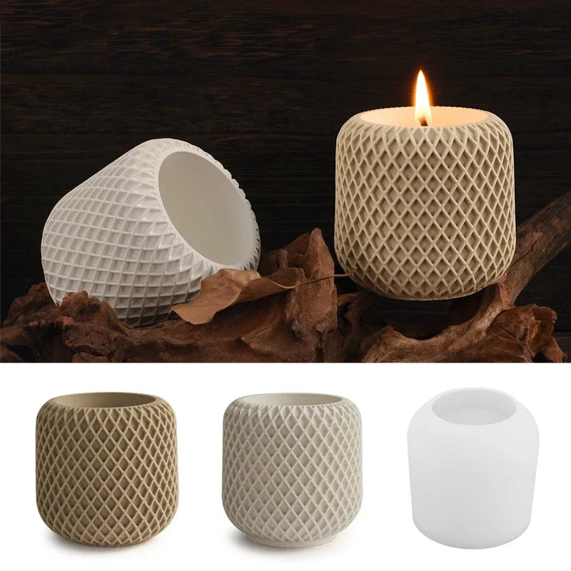 Round Reticulate Pattern Candle Jar Silicone Mold DIY Handmade Pen Holder Plaster Cement Vase Crafts Casting Molds Home Decor