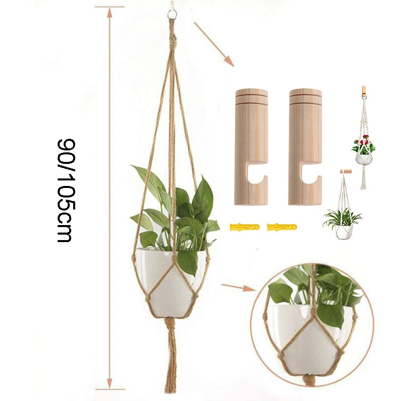 Handmade Macrame Hemp Rope Plant Hanger Basket Woven Hanging Flower Pot Wall Hang Planter Pot For Garden And Wood Ceiling Hooks