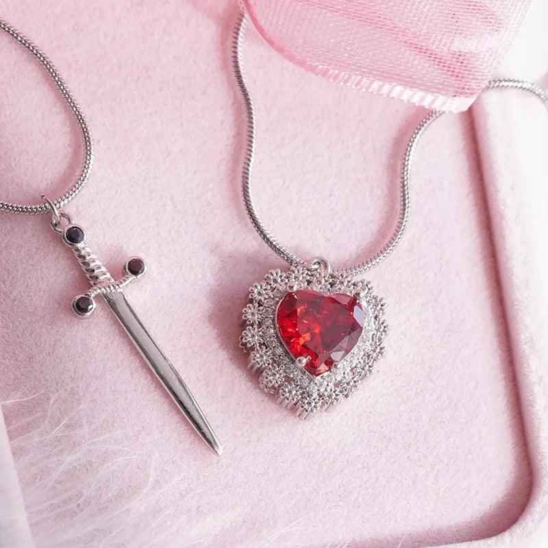 Gothic Punk One Arrow Through The Heart Creative Two Color Couple Necklace Red Rhinestone Heart Dagger Necklace Good Friend Gift