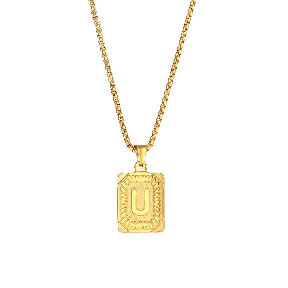 2023 New Stylish Square Pendant Necklace Men's Stainless Steel Gold Plated Letter Necklace Initial Necklace For Women