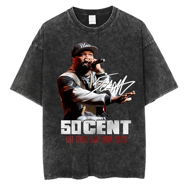 Hip Hop Streetwear T Shirt with 50 Cent Rapper Print Oversized Cotton Short Sleeve Tee for Men and Women