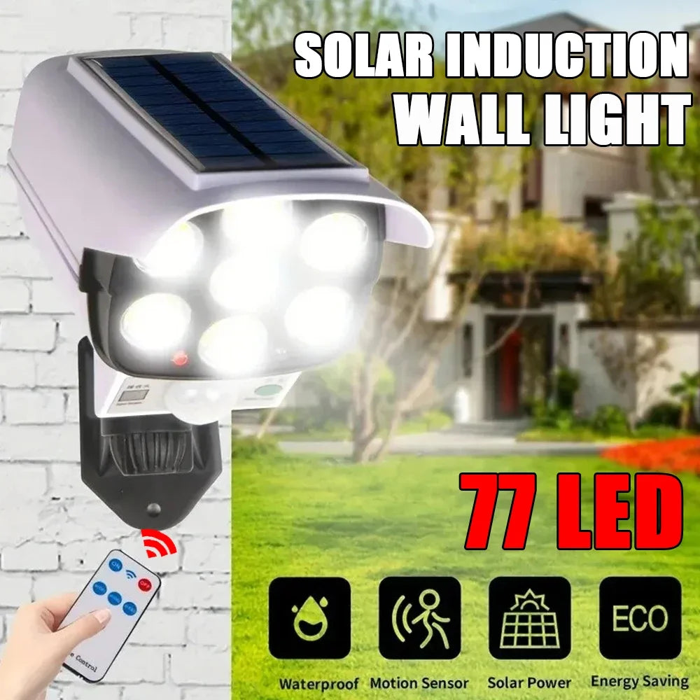77LED Solar Light with Remote Control 3 Lighting Modes Dummy Camera Waterproof Spotlight Garage Courtyard Security Street Light