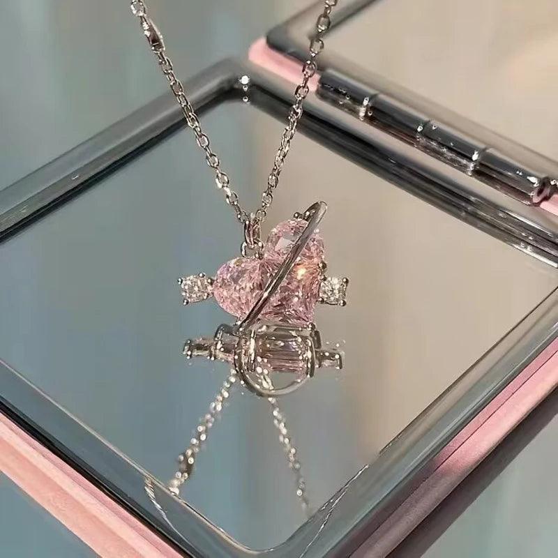 Trendy Crystal Pink Zircon Heart Pendant Necklace For Women Girl Elegant and Sweet Punk Party Jewelry