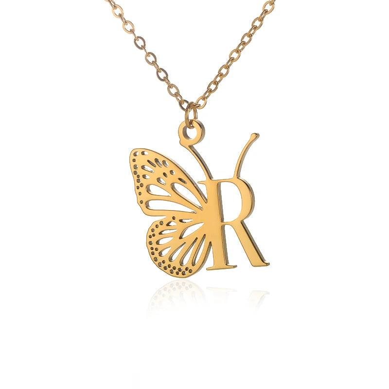 A-Z Initial Letter Collar Butterfly Necklace For Women Butterfly Jewelry Stainless Steel Alphabet Choker Necklace Female Gift
