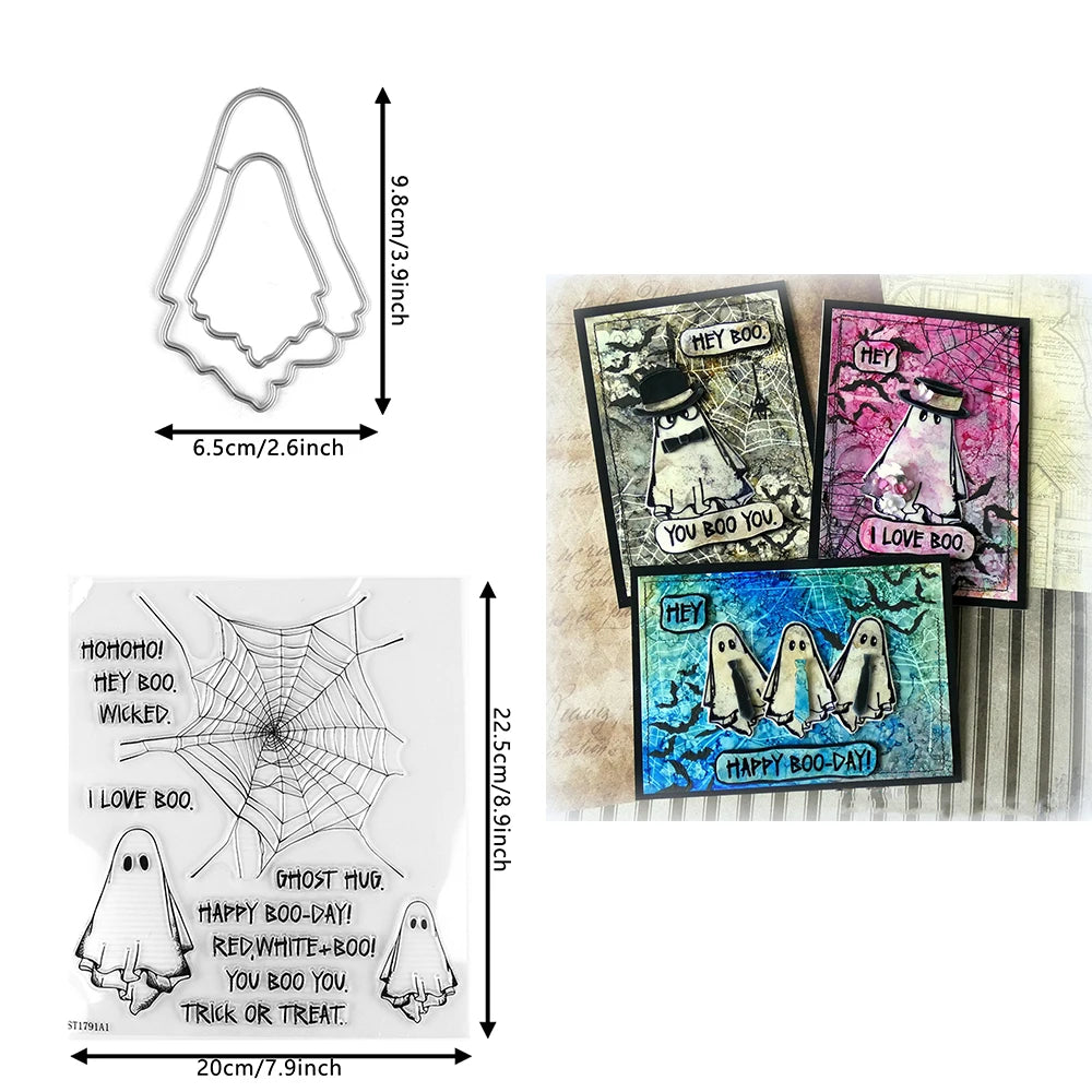 Ghost Snowman Car Ornament Metal Cutting Dies Wishes Words Block Clear Stamps for DIY Halloween Christmas Paper Craft