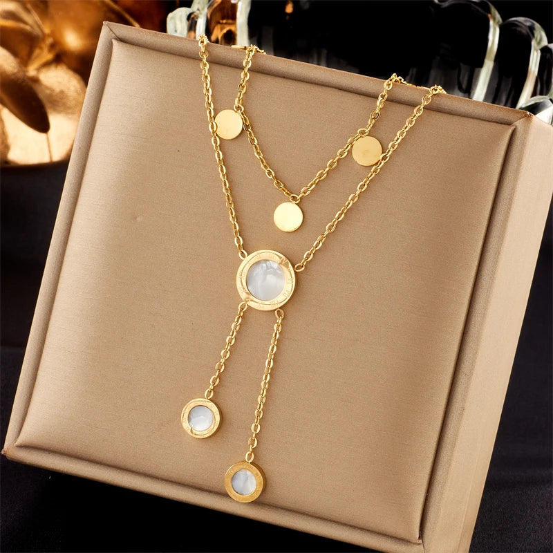 DIEYURO 316L Stainless Steel Round Roman Numeral Dial Long Pendant Necklace For Women Fashion Girls Clavicle Chain Jewelry Gifts