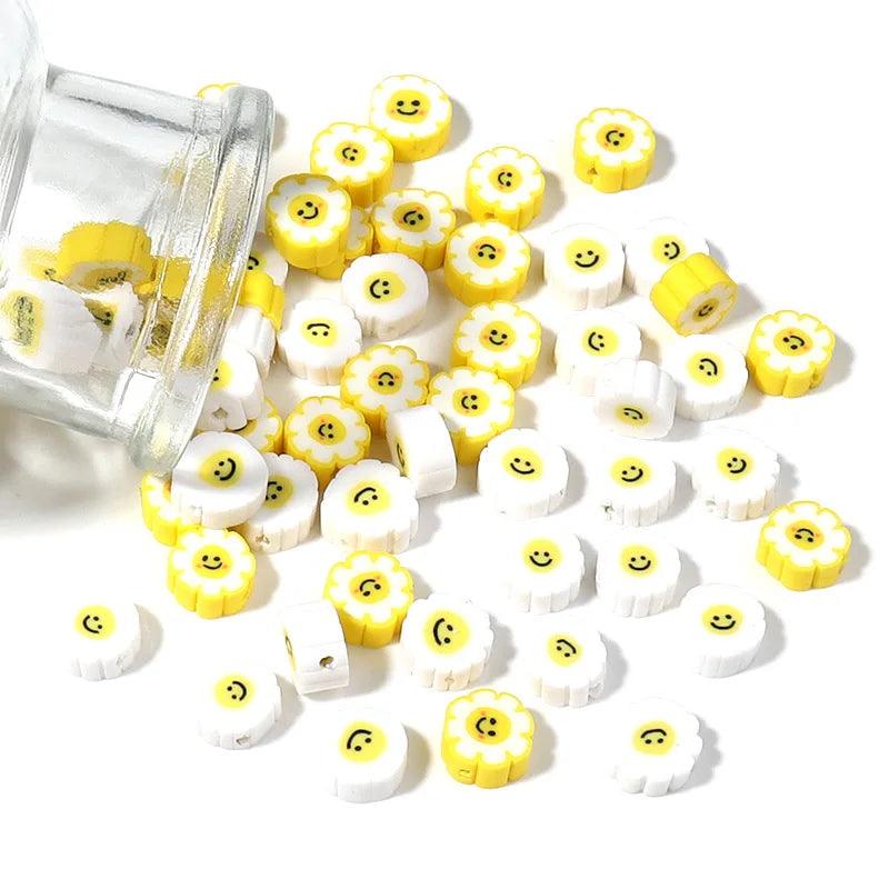 20pcs/lot Yellow White Polymer Clay Bead 10mm Sunflower Smiley Loose Spacer Beads for Making Bracelets Jewelry DIY Accessories