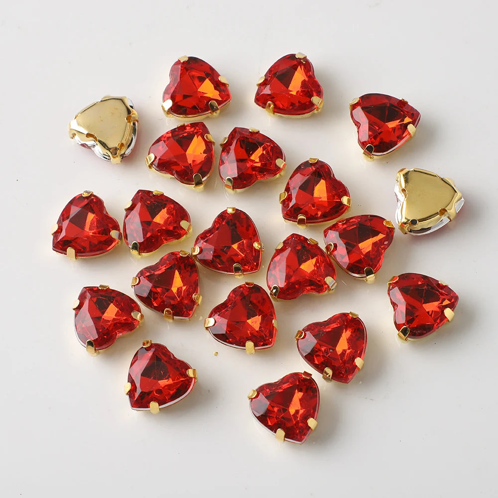 20Pcs 10mm Love Heart Glass Sew On Rhinestones With Flatback Gold Claw Crystal for Clothing Accessories Shoes DIY Nail Decor