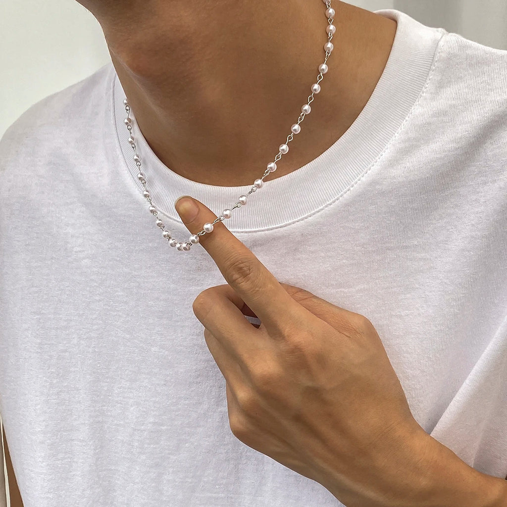 Small Imitation Pearl Beads Chain Short Choker Necklace for Men Trendy Beaded Chain Necklace on Neck 2023 Fashion Jewelry Collar