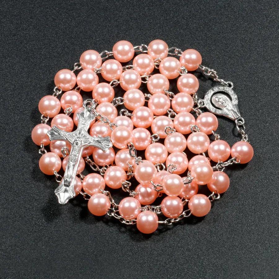 New Religion Christian Faux pearl Rosary Necklace For Women Virgin Mary Jesus Cross Pendant Long Beads Chains Fashion Jewelry