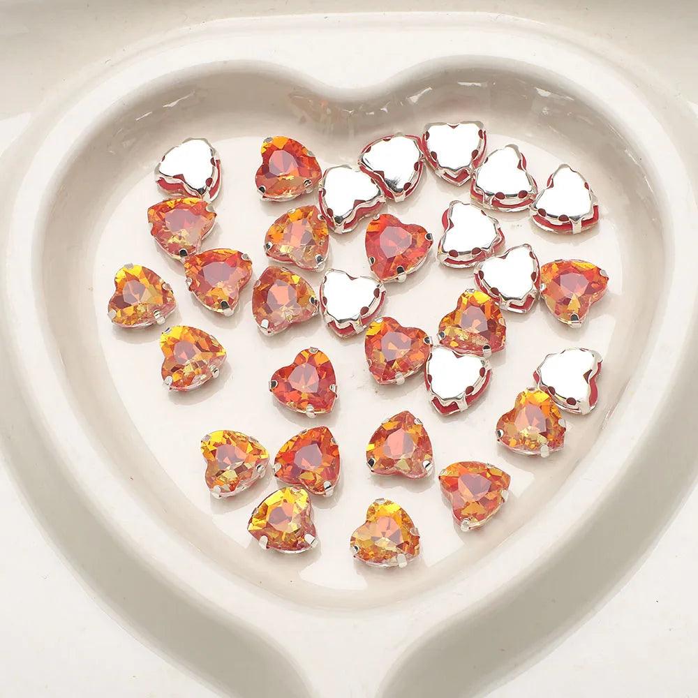 20Pcs 10mm Crystal Glass Love Heart Gems Beads Silver Claw Rhinestone Crafts Jewelry DIY Making Handmade Garment Accessories