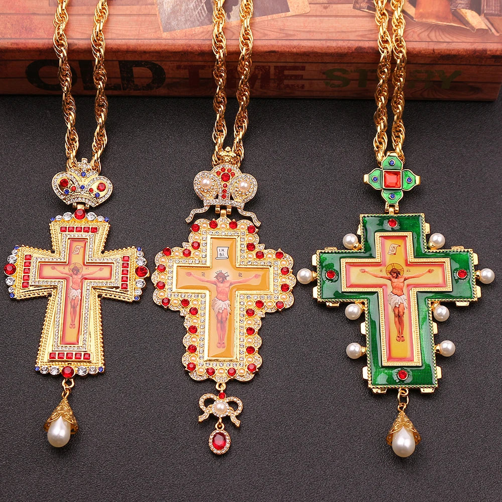Orthodox Pectoral Cross Collares Crown Religious Icon Byzantine Catholic Crucifix Necklace Confirmation Pendant Long Necklace