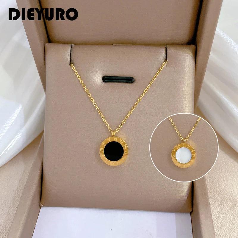 DIEYURO 316L Stainless Steel 2-Color Roman Numeral Dial Pendant Necklace For Women New Trend Girls Clavicle Chain Jewelry Gifts