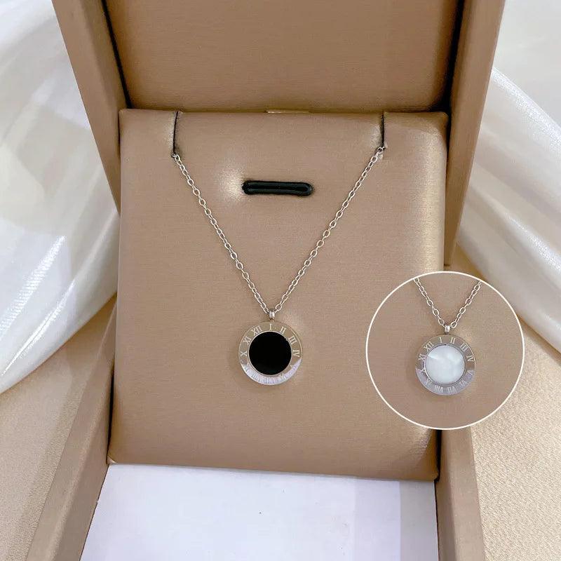 DIEYURO 316L Stainless Steel 2-Color Roman Numeral Dial Pendant Necklace For Women New Trend Girls Clavicle Chain Jewelry Gifts