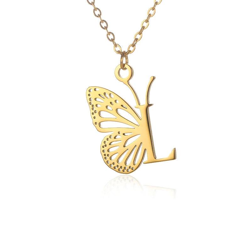 A-Z Initial Letter Collar Butterfly Necklace For Women Butterfly Jewelry Stainless Steel Alphabet Choker Necklace Female Gift