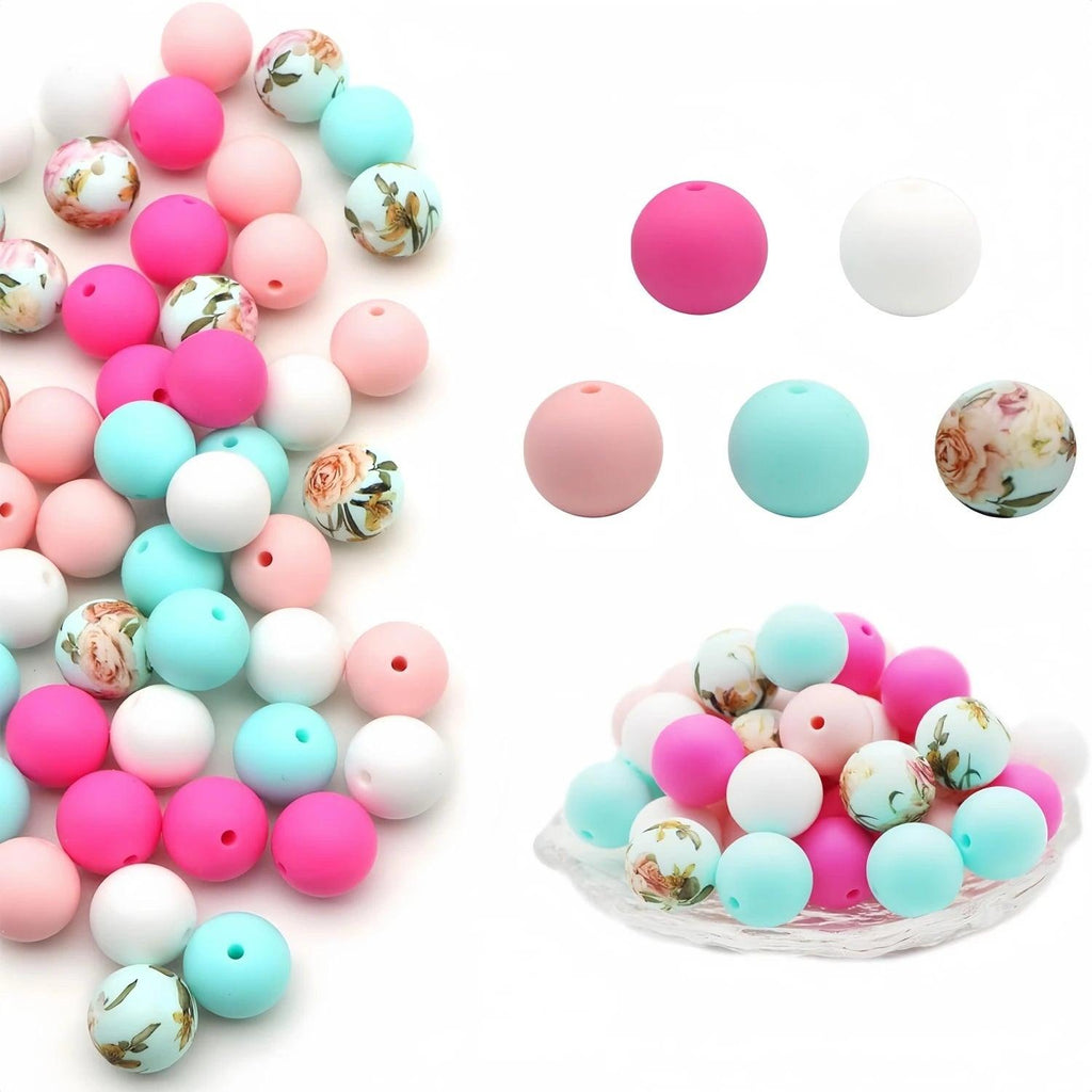 Floral Print Silicone Beads 15mm Silicone Beads Loose Round Silicone Beads Keychain Pen Tie Bangle Necklace Jewelry Making DIY Craft 50pcs