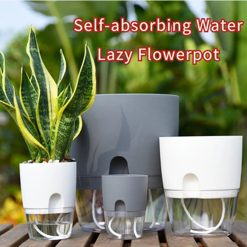 Lazy Self-absorbent Water Flower Pots Transparent Double Layer Flowerpot Cotton Rope Watering Plants Pot Desktop Floor Planter