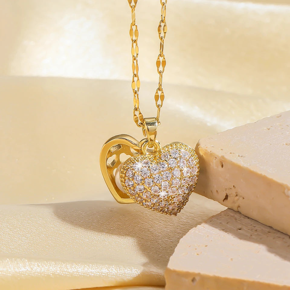 ZAKOL Trendy Heart Butterfly Pendant Necklaces For Women Girls Gold Color Crystal Jewelry Clavicle Chain Choker Jewelry Gifts