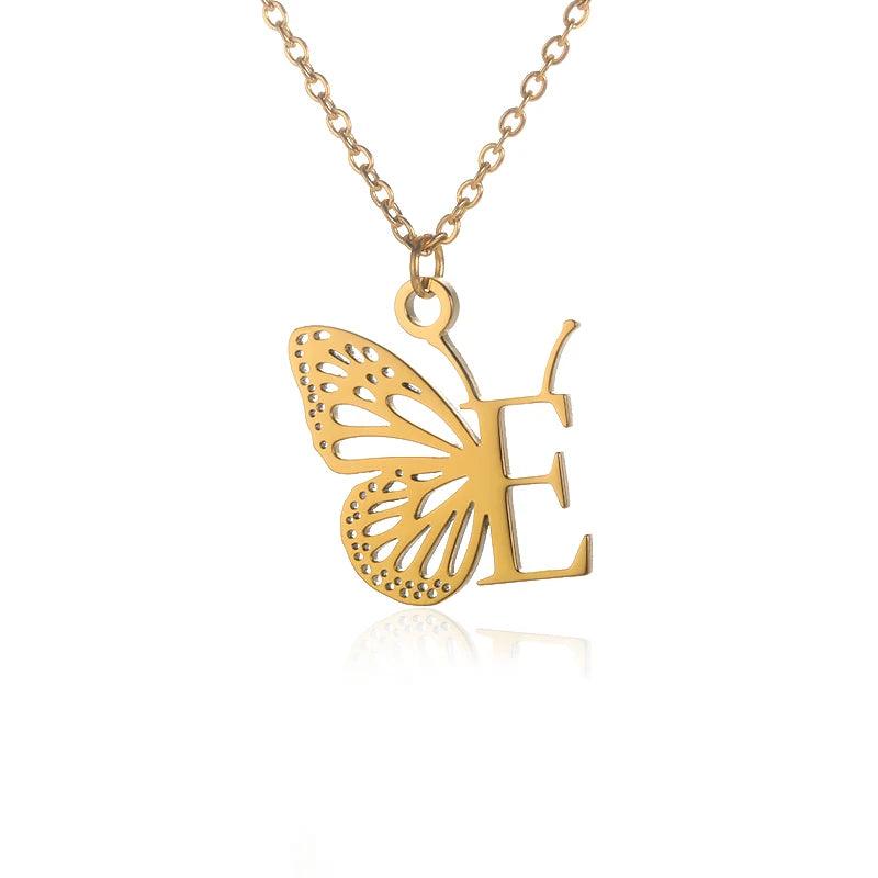 A-Z Initial Letter Collar Butterfly Necklace For Women Butterfly Jewelry Stainless Steel Alphabet Choker Necklace Female Gift