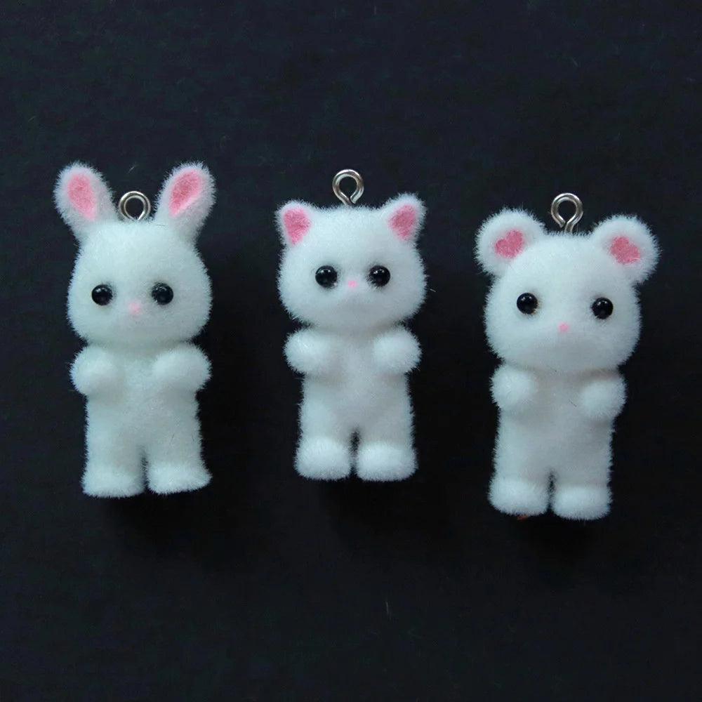10pcs 3D Fluffy Flocking Animal Pendant Charms Kawaii Plush Cat Rabbit Rat Bear DIY Jewelry Crafts Make Keychain Miniature Doll