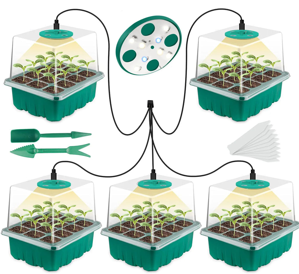 Full Spectrum LED Grow Light with Seedling Tray Plant Seed Starter Trays, Greenhouse Growing Trays with Holes 12 Cell Per Tray