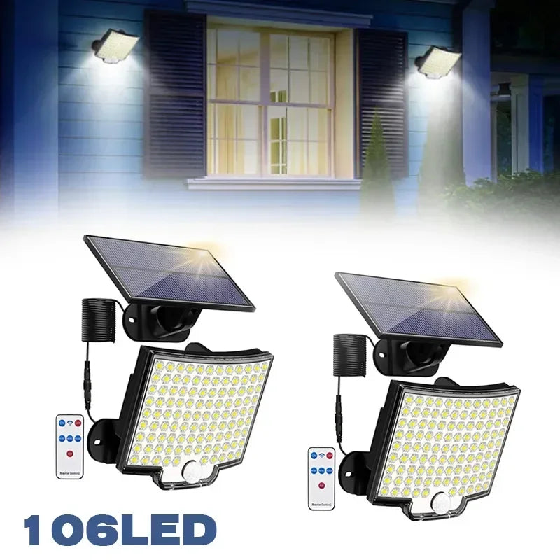 106LED Solar Light Outdoor Waterproof with Motion Sensor Floodlight Remote Control for Patio Garage Backyard Plant lighting