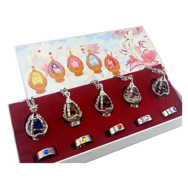 Anime Soul Gem Grief Seed Necklaces Kaname Madoka Incubator Cosplay Rings Set Pendants Accessories Figure