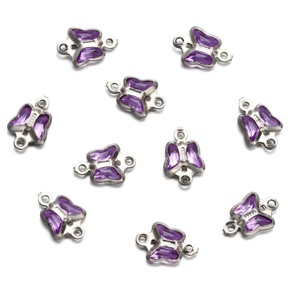 10pcs 7mm Stainless Steel Double Holes Butterfly with Rhinestones Bracelet Necklace Pendants Connectors for DIY Jewelry Making