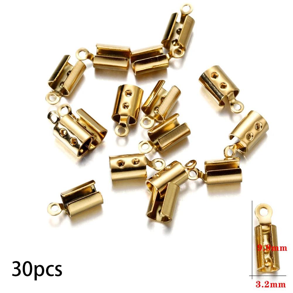 30/50pcs Stainless Steel Gold Rope Cords Crimp End Bead Caps Leather Clip Tip Fold For DIY Bracelet Necklace Jewelry Making