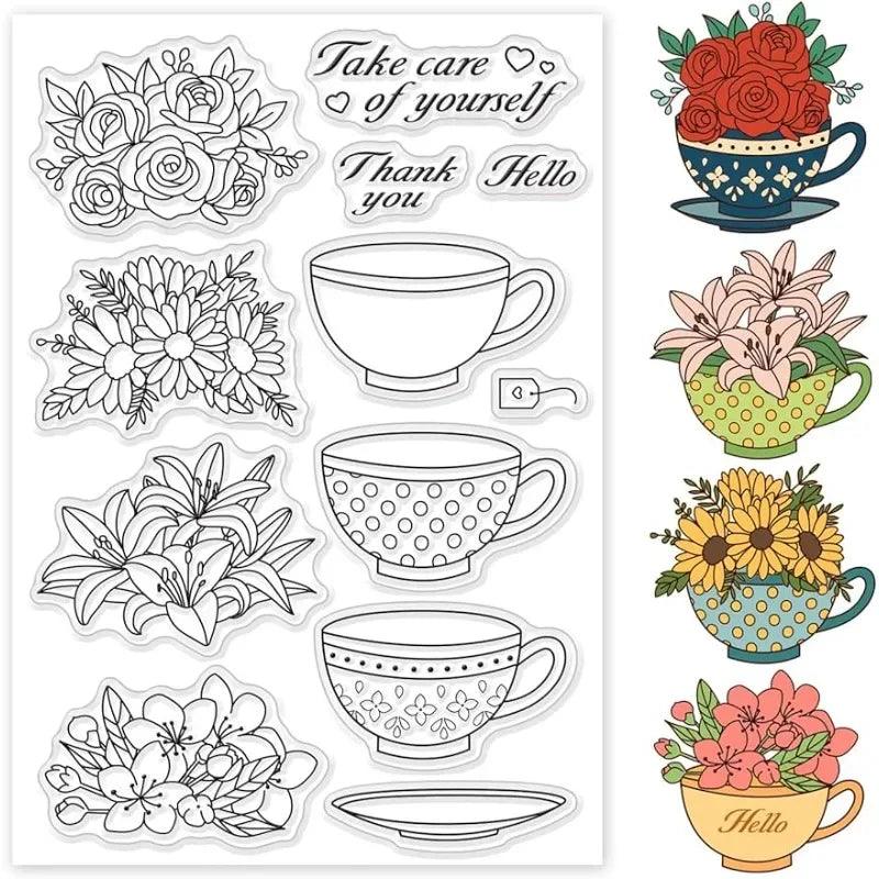 1 Sheet Tea Cup Clear Stamps Cup and Flowers Silicone Stamps Wishing Words Transparent Rubber for Card Making 16x11x0.3cm