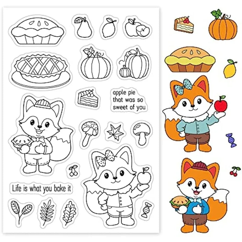 Animal Fox Silicone Clear Stamp Pumpkin and Fruit Pie Transparent Silicone Stamp Food and Fruit Rubber Stamp for Card Making