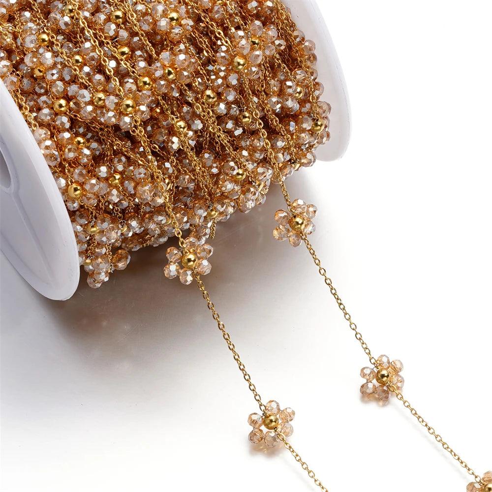 1Meter Stainless Steel Pink Crystal Flower Natural Stone Beads Gold/Steel Color Chains for Necklace Bracelet DIY Jewelry Making