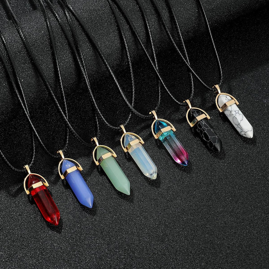 7pcs/set Hexagon Pillar Quartz Necklace Turquoise Pink Crystal Necklace Genuine Leather Chain Natural Stone Choker Necklace