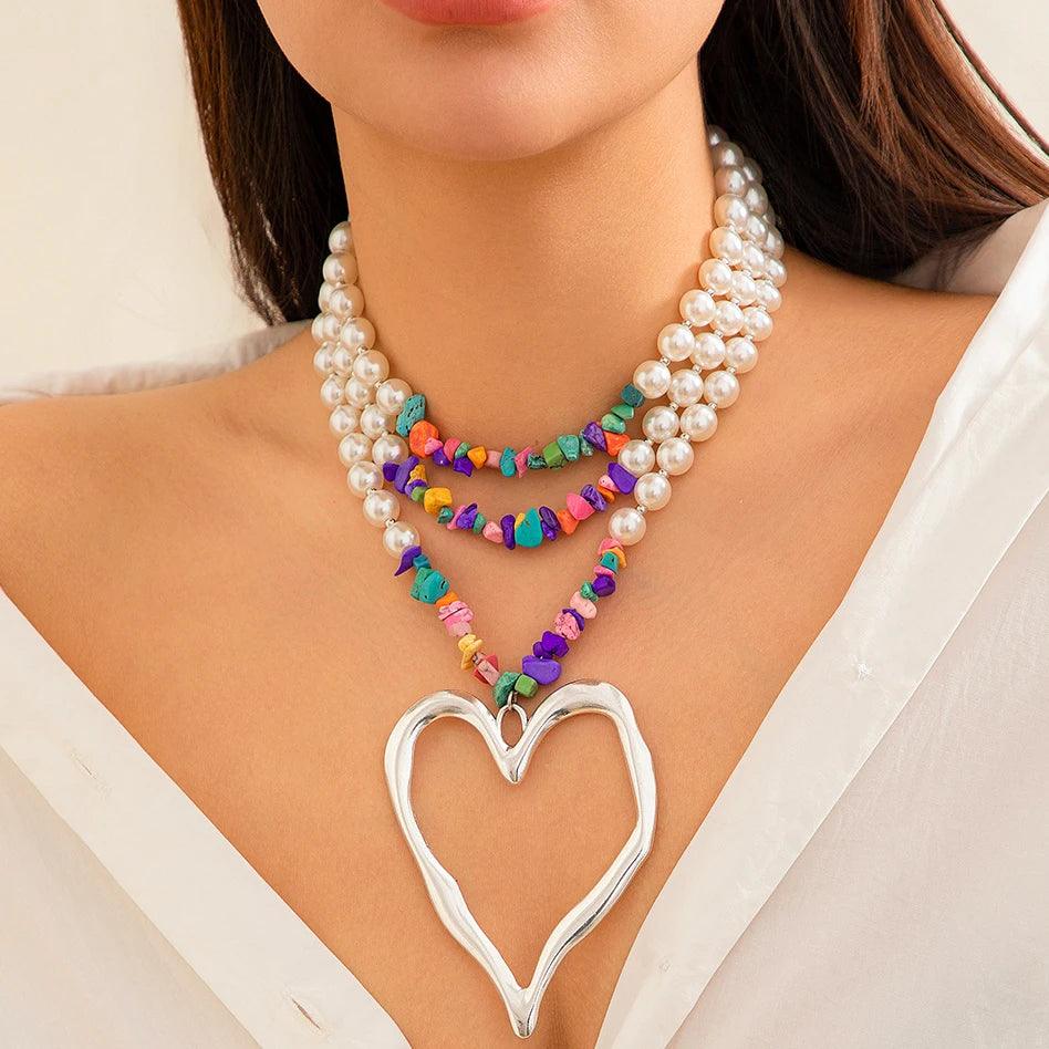 Ingemark Elegant Big Love Heart Pendant Choker Necklace for Women Multilayer Imitation Pearl Chain Grunge Jewelry Steampunk Gift