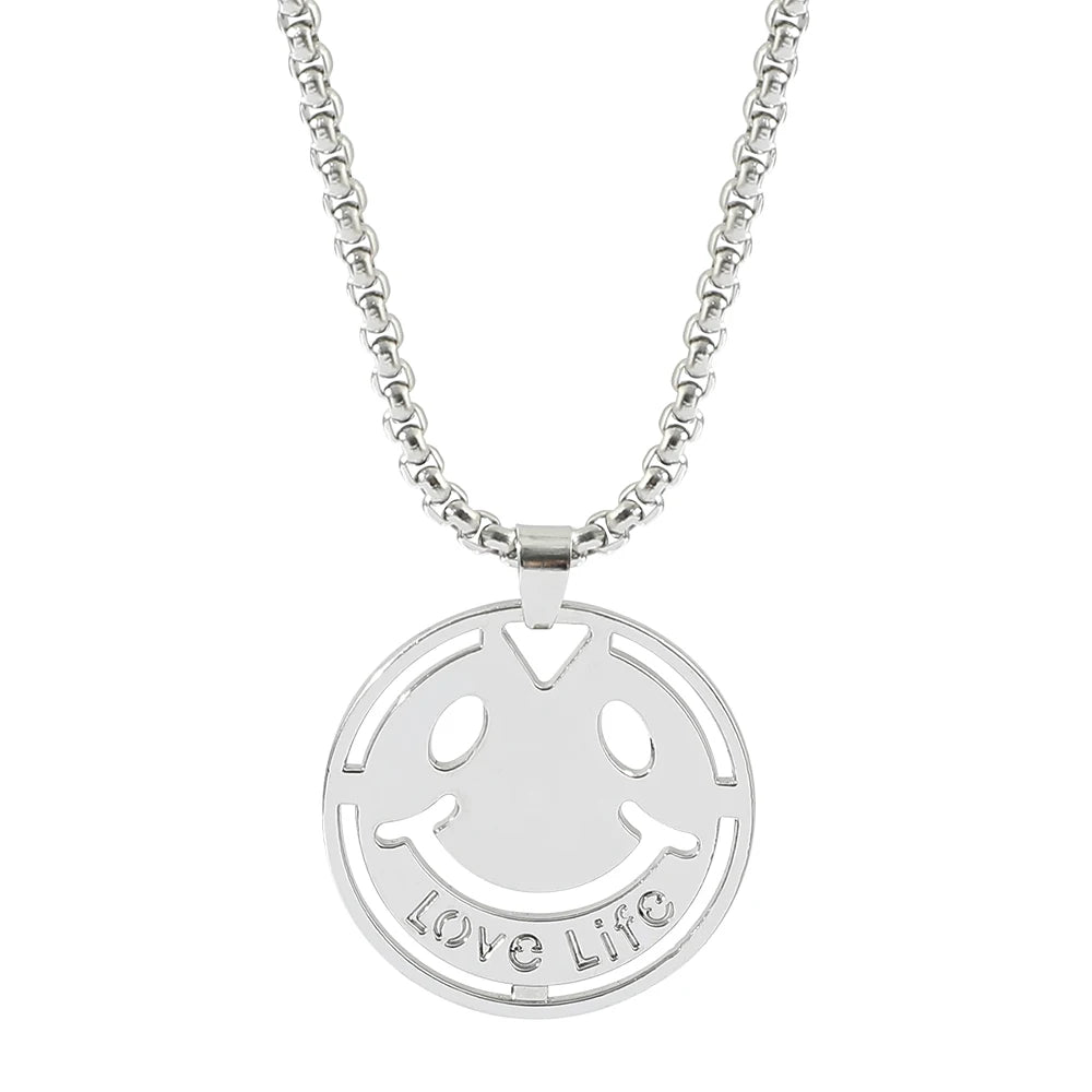 Titanium Steel Round Smiley Face Pendant Necklace Korean Style Long Sweater Chain Unisex Trendy Hip Hop Jewelry Accessories