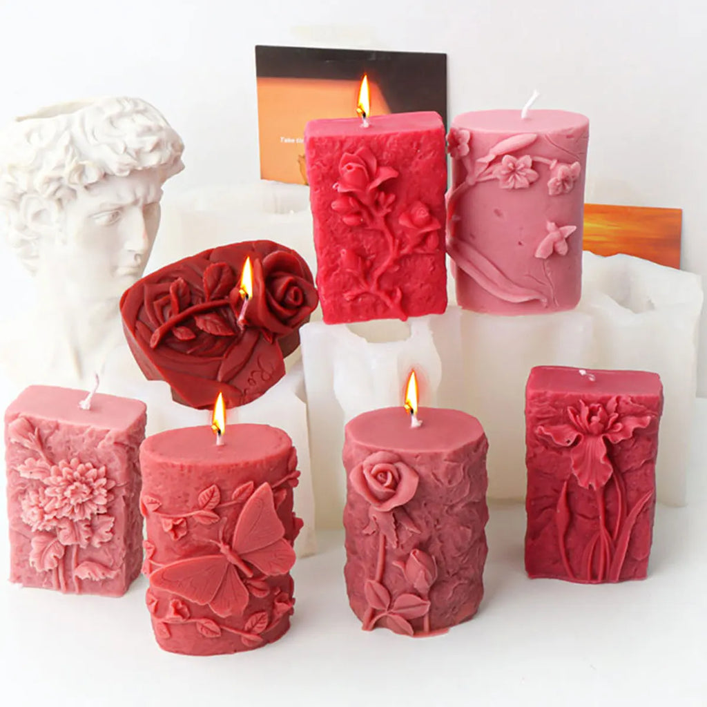 Flower Butterfly Cylinder DIY Candle Silicone Mold Love Rose Column Soap Resin Mould Valentine's Day Heart Shape Chocolate Gifts